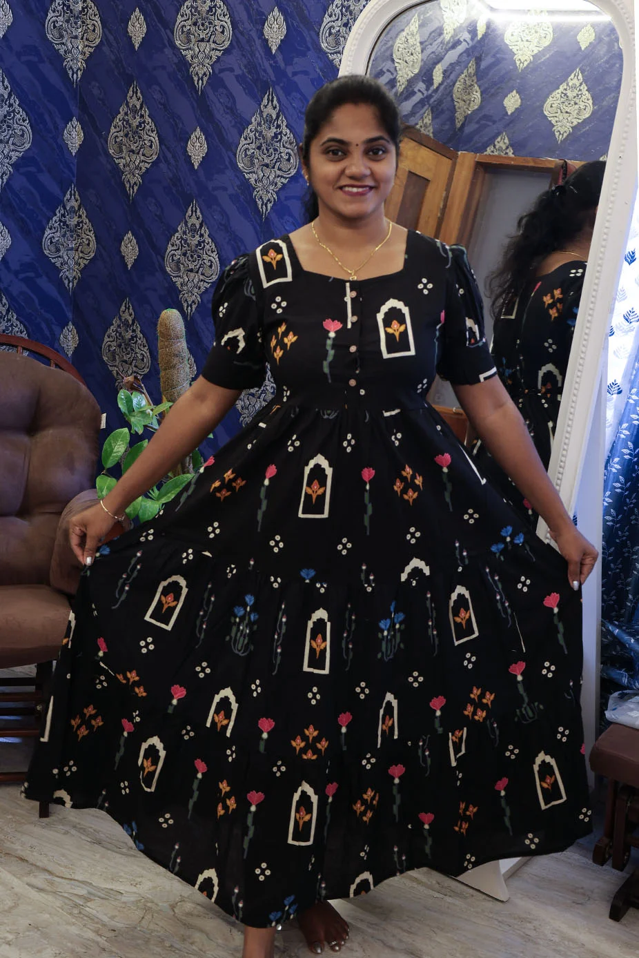 Cotton Breathable Frocks Black Floral - Image 2