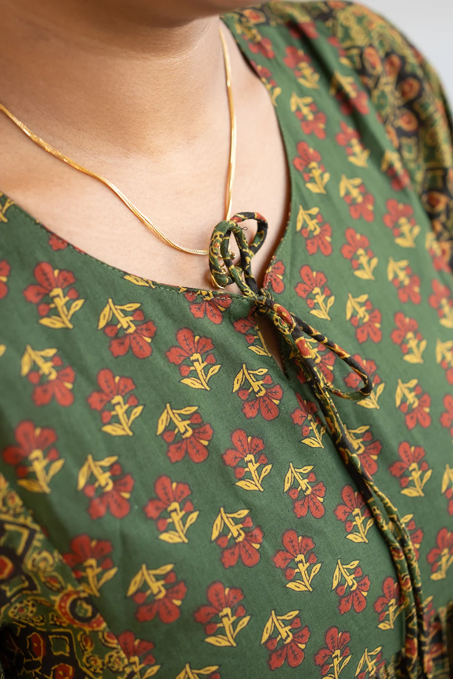 Cotton Round Neck A Line Yoke Top Green - Image 3