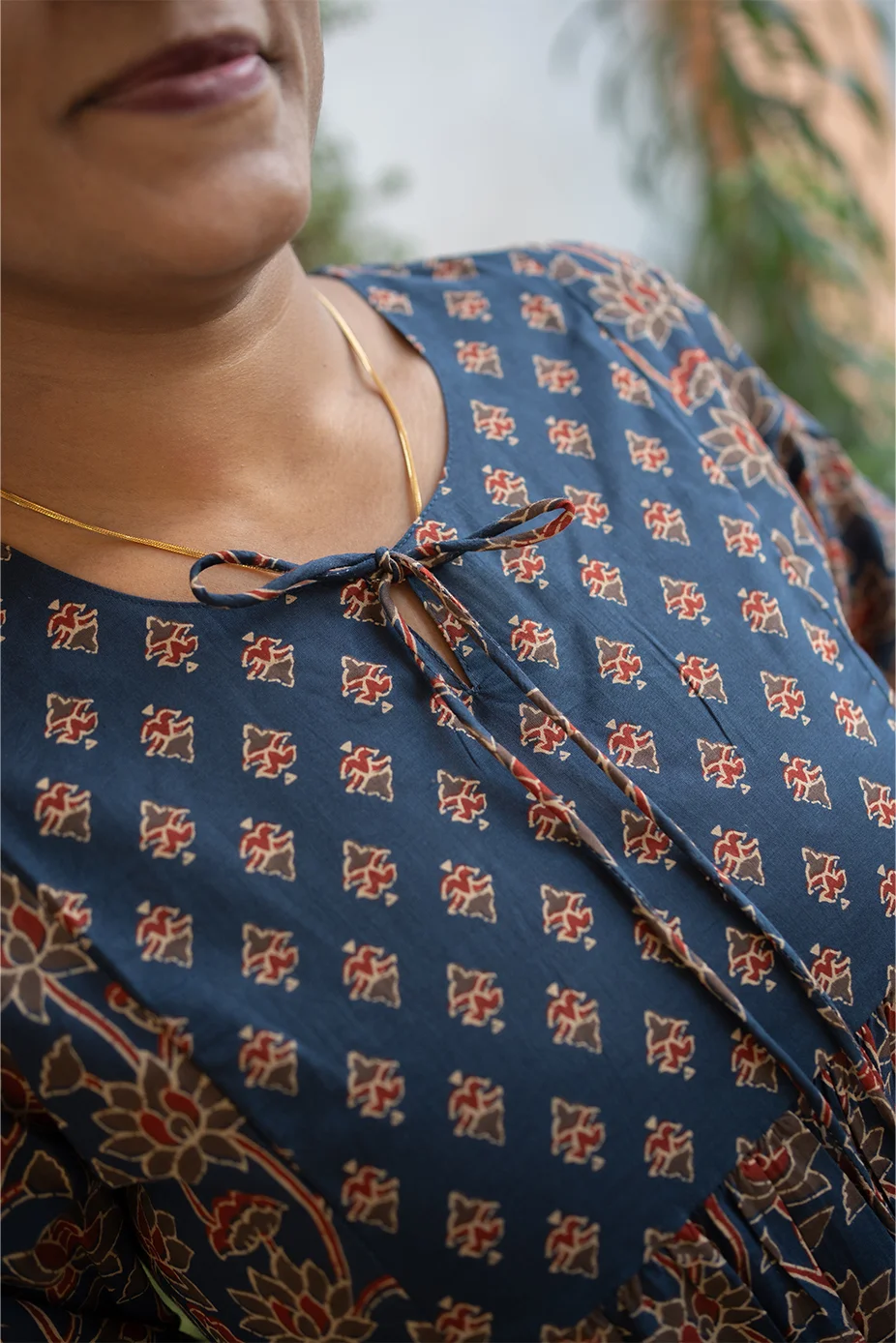 Cotton Round Neck A Line Yoke Short Top Navy Blue - Image 3