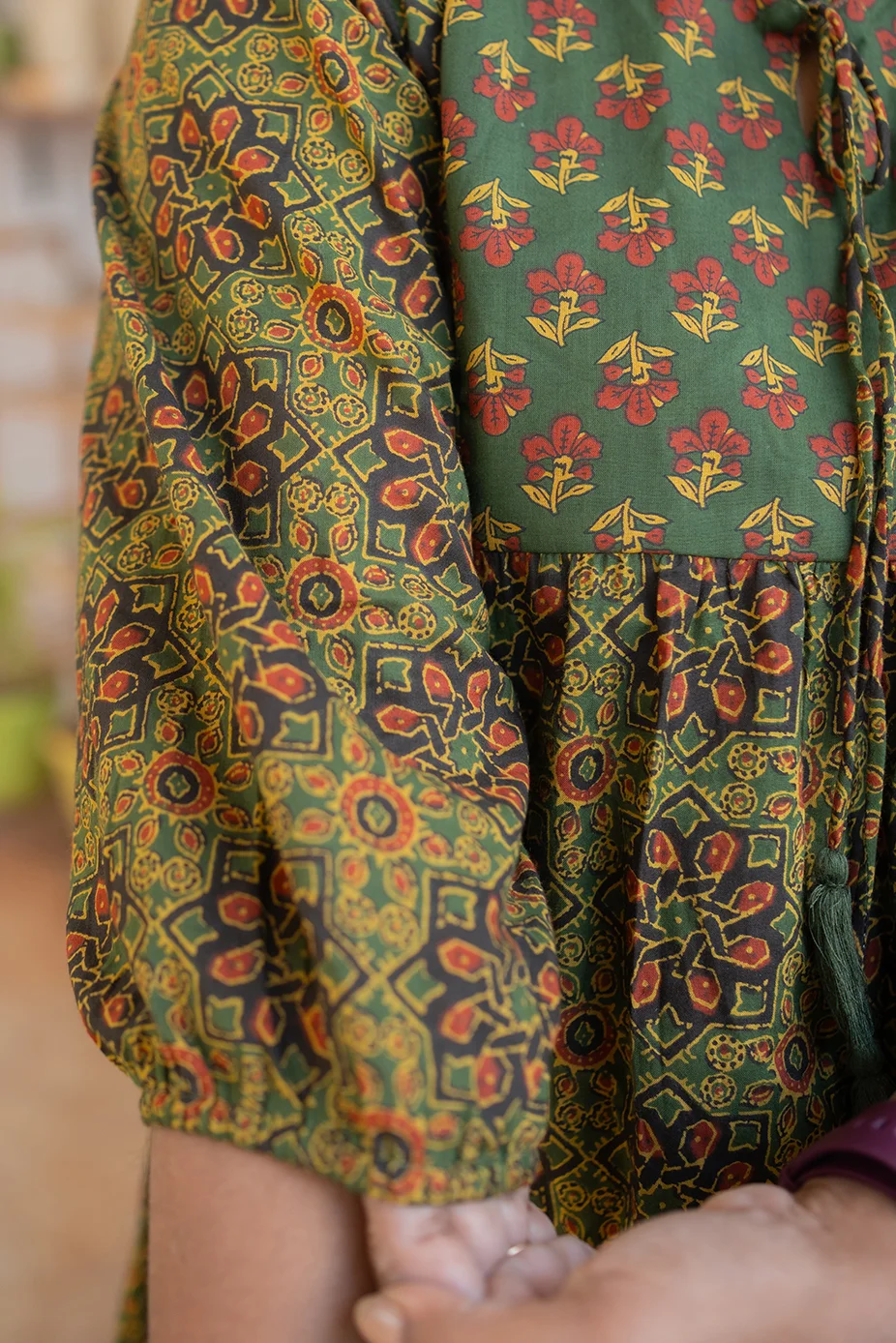 Cotton Round Neck A Line Yoke Top Green - Image 5