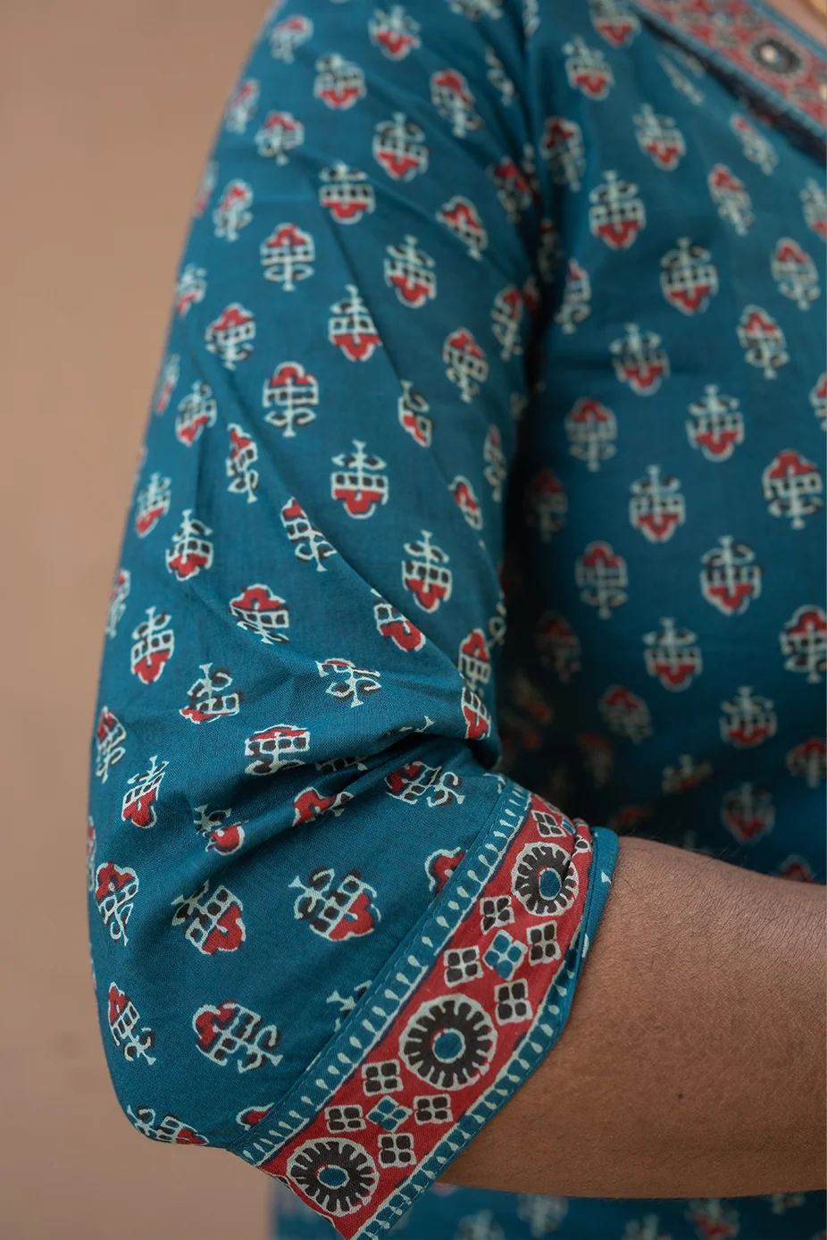 Cotton Straight V Neck Sequence Border Short Top Teal Green - Image 5