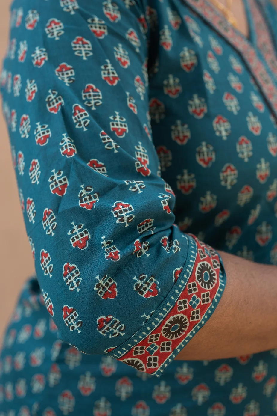 Cotton Straight V Neck Sequence Border Short Top Teal Green - Image 3