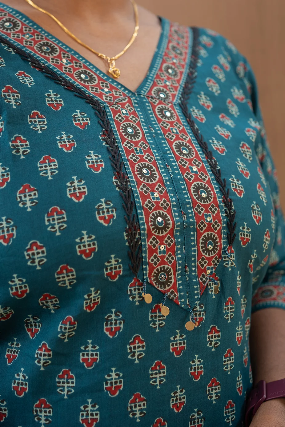 Cotton Straight V Neck Sequence Border Short Top Teal Green - Image 2