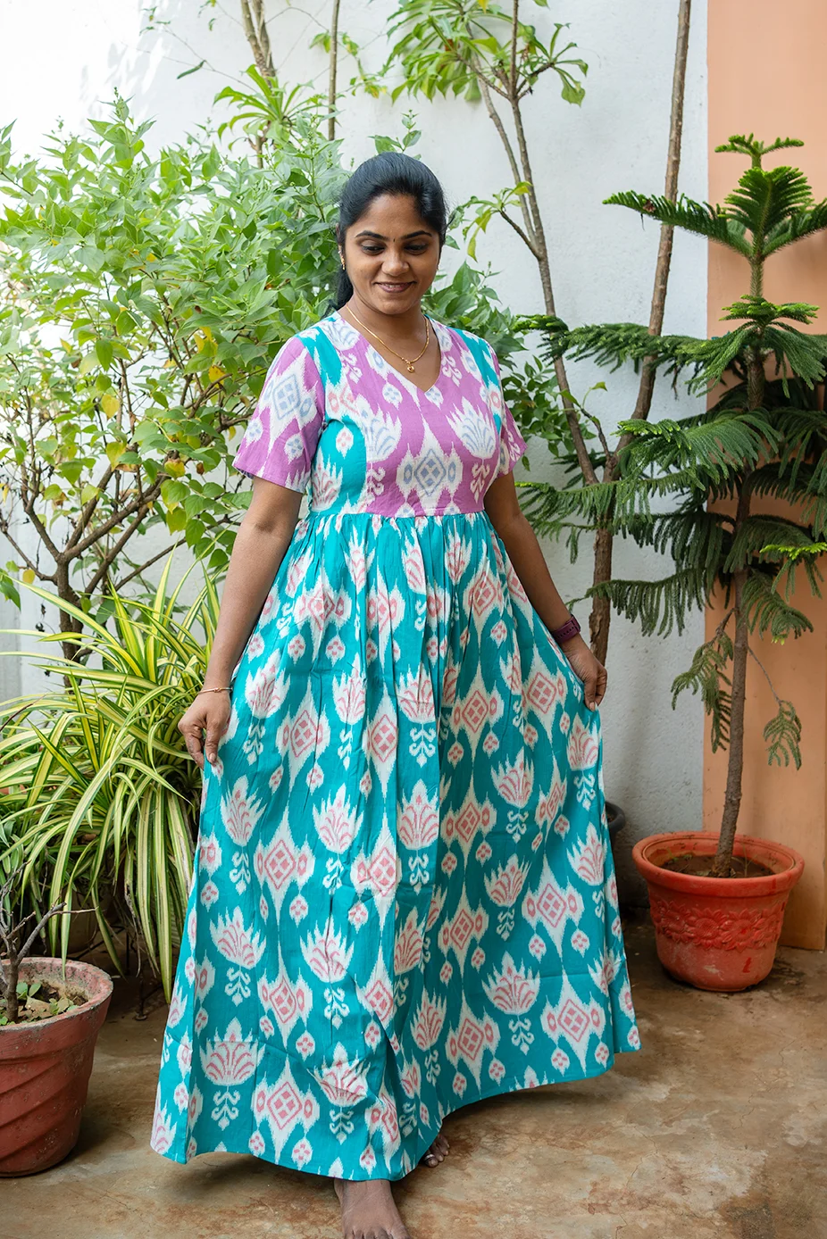 Cotton Nighty Non Feeding Emarold Green with Pink - Image 3