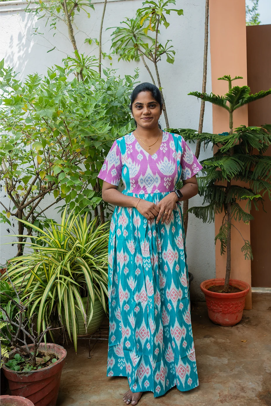 Cotton Nighty Non Feeding Emarold Green with Pink - Image 2