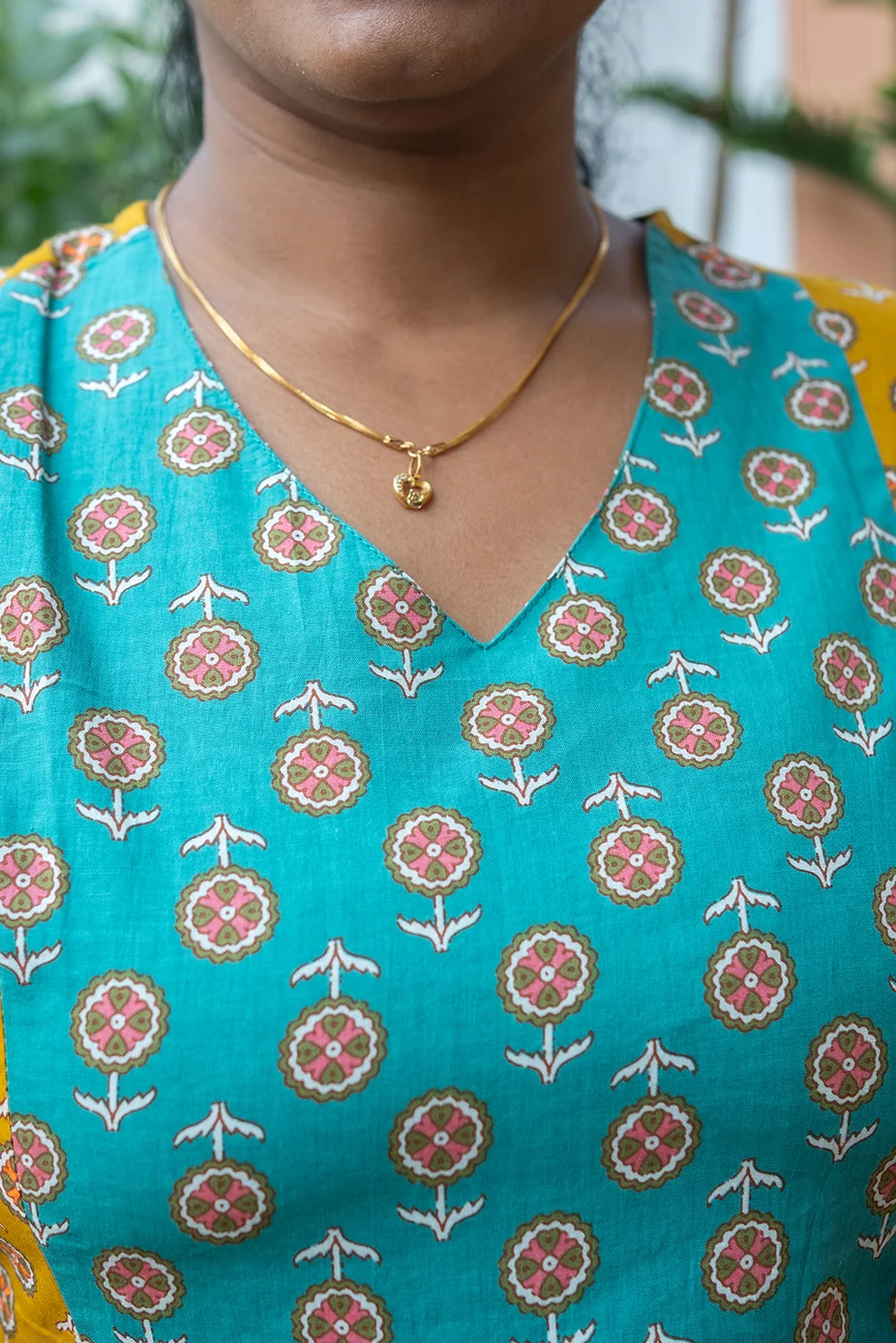 Cotton Nighty Non Feeding Mustard Yellow with Mint Green - Image 3