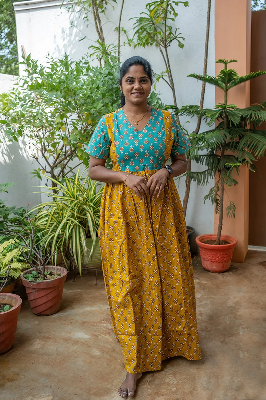 Cotton Nighty Non Feeding Mustard Yellow with Mint Green - Image 2