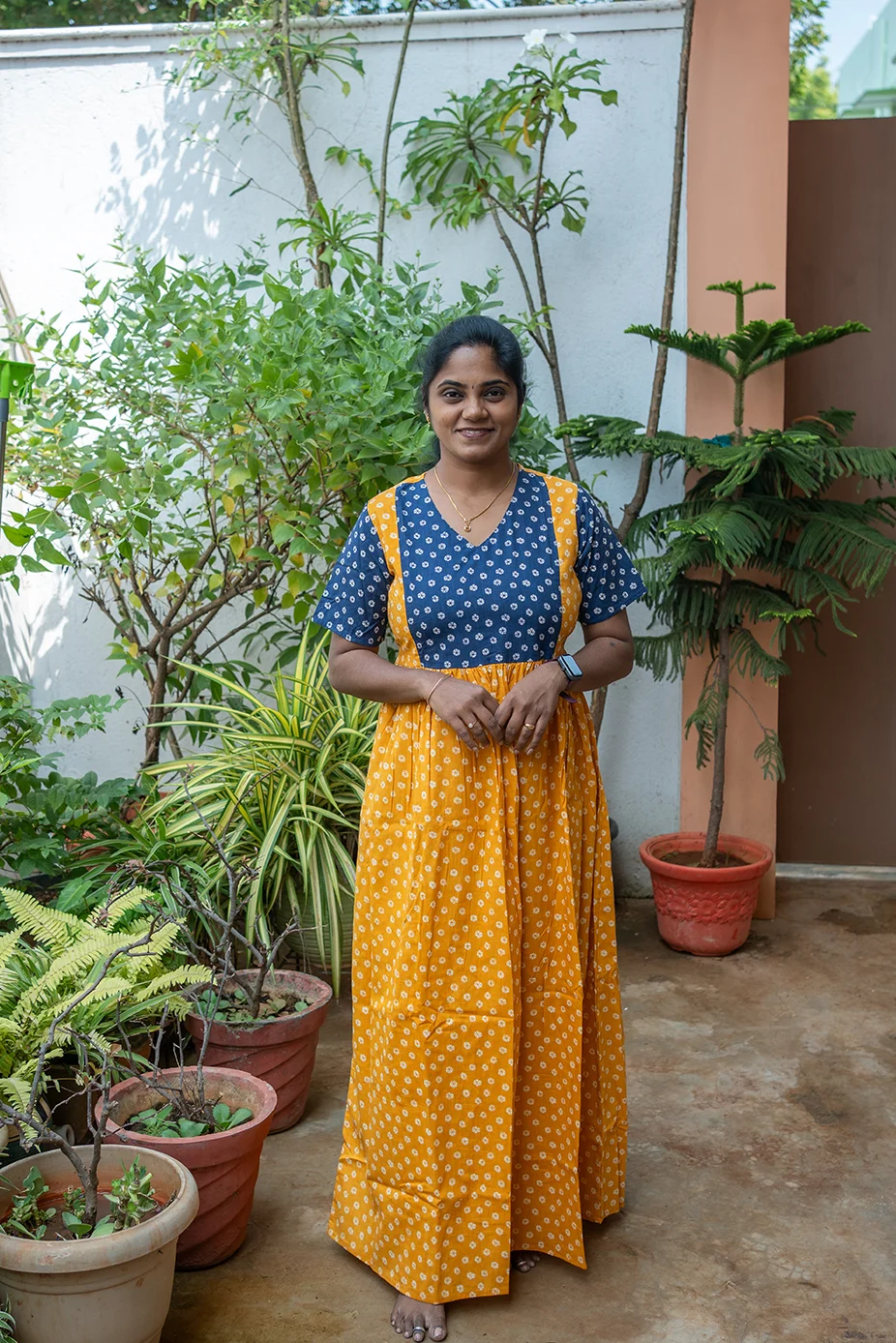 Cotton Nighty Non Feeding Yellow with Navy Blue - Image 2