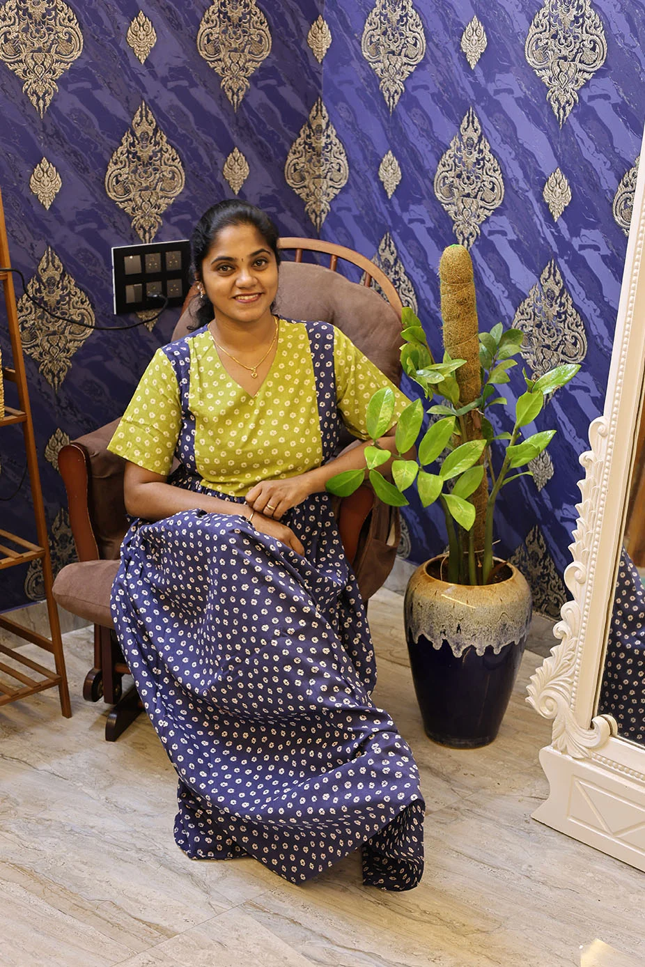 Cotton Nighty Non Feeding Navy Blue with sage green - Image 2