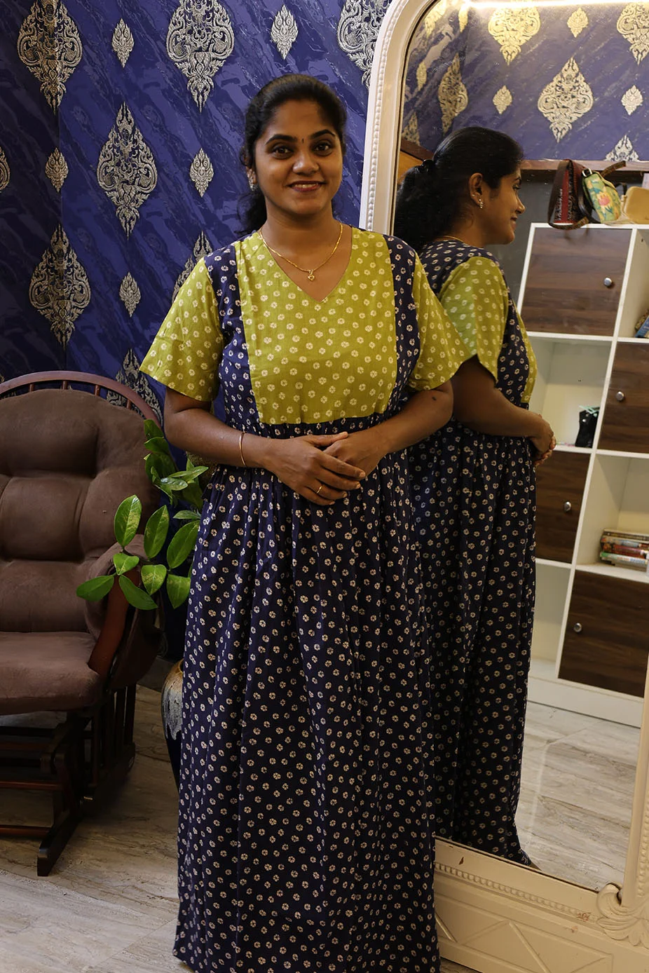 Cotton Nighty Non Feeding Navy Blue with sage green - Image 3