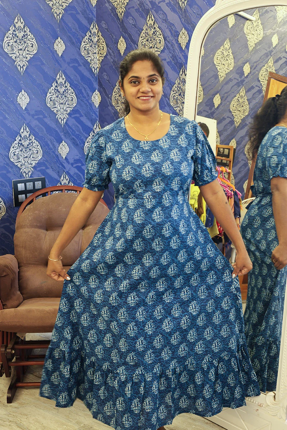 A Line Cotton Night Gown Blue - Image 3