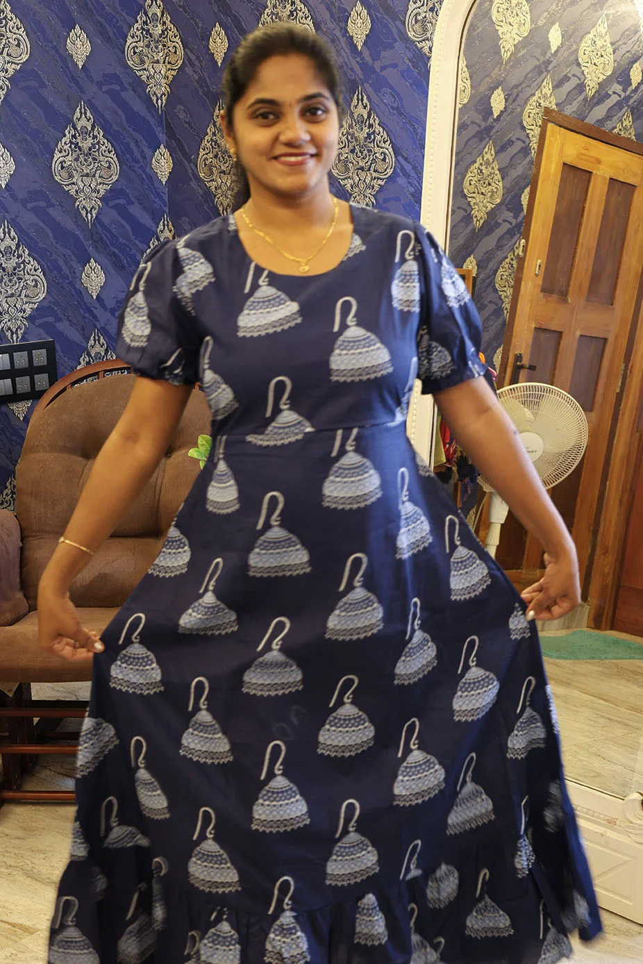 A Line Cotton Night Gown Blue Jumhka - Image 3