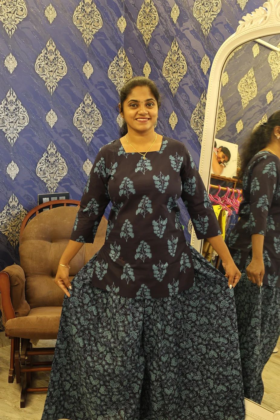 Cotton Palazzo Set Blue with Ginkgo Leafes - Image 2