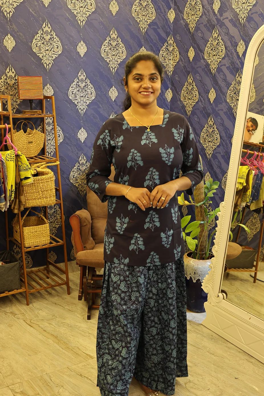 Cotton Palazzo Set Blue with Ginkgo Leafes - Image 3