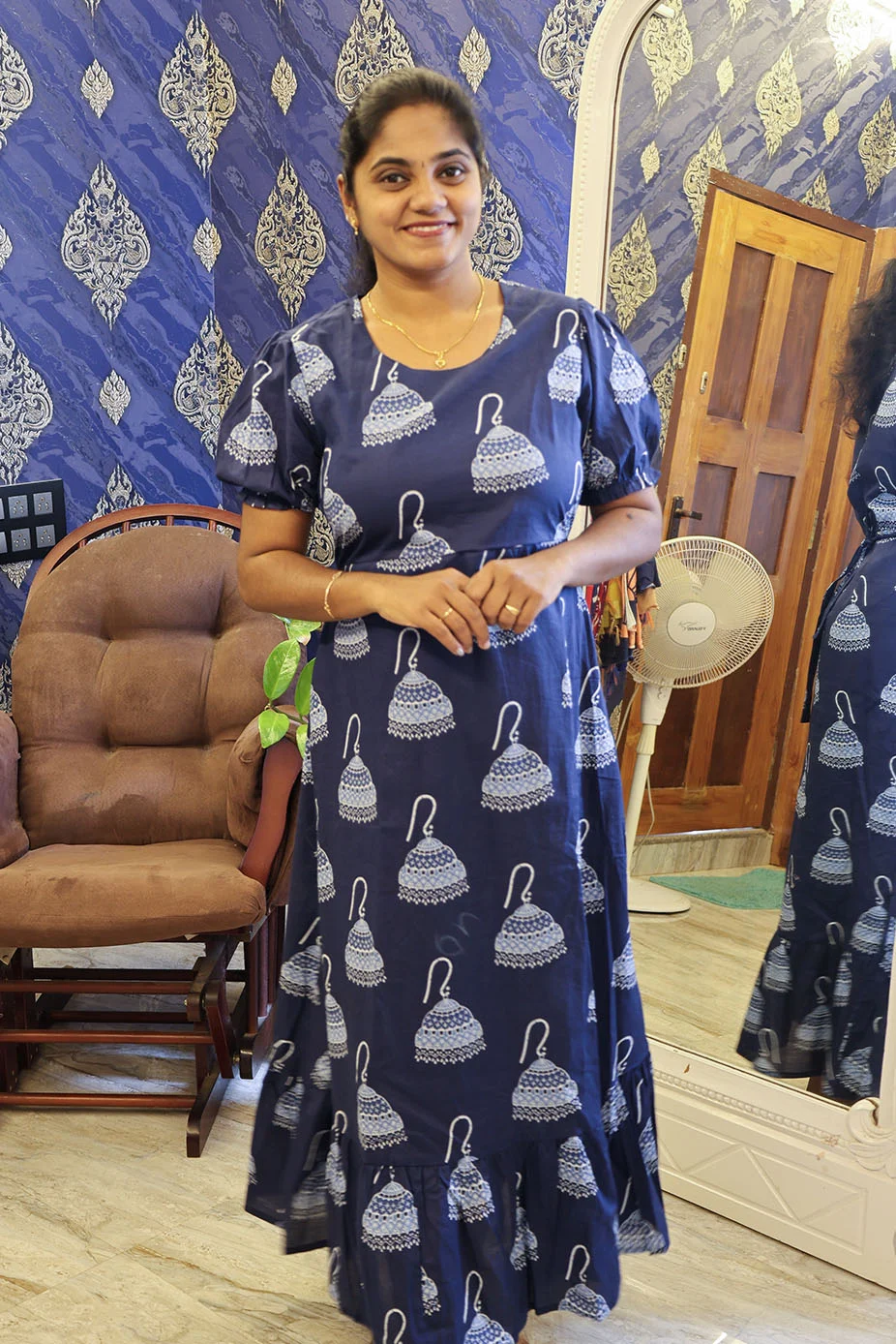 A Line Cotton Night Gown Blue Jumhka - Image 2