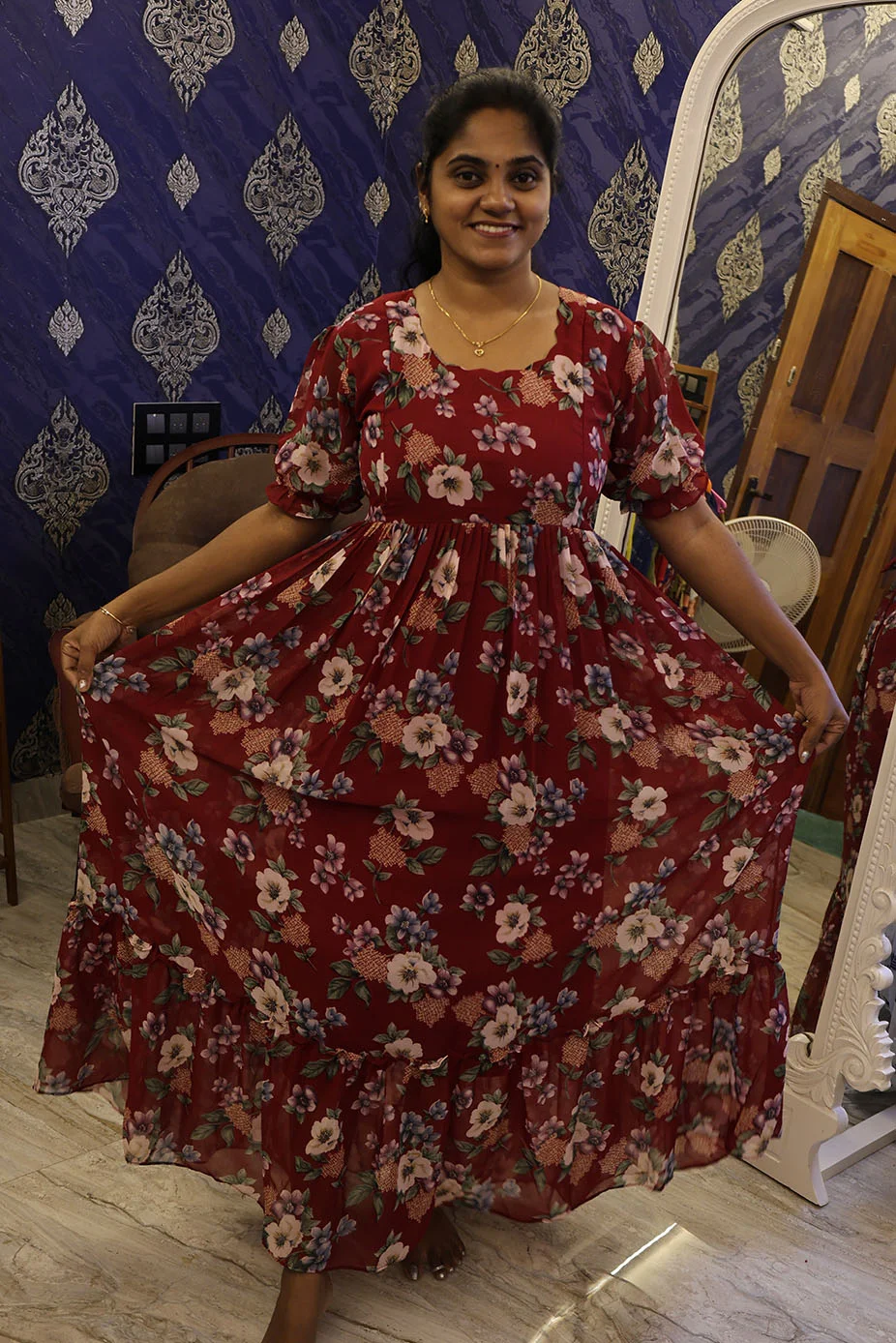 Georgette Full Length Frock Cherry Red