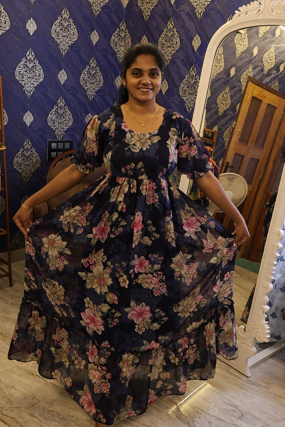 Georgette Full Length Frock Navy Blue - Image 3