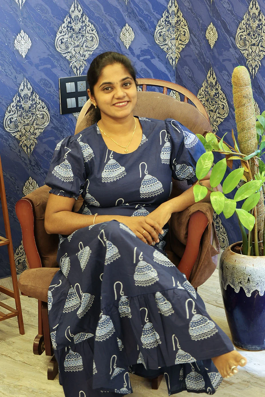 A Line Cotton Night Gown Blue Jumhka