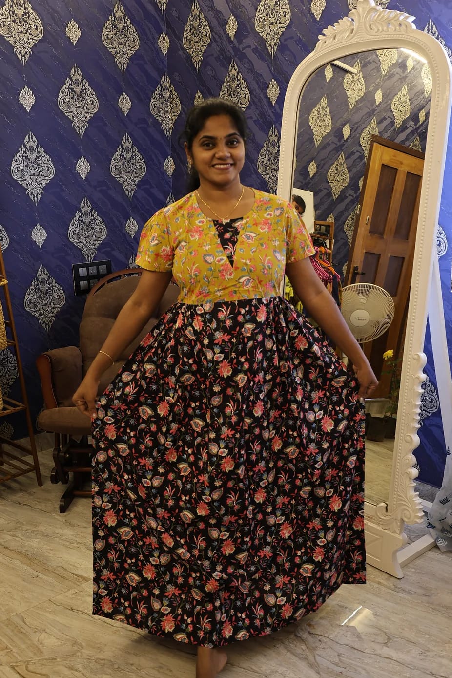 Cotton Stylish Nighty Black With Mustard Yellow Floral - Image 2