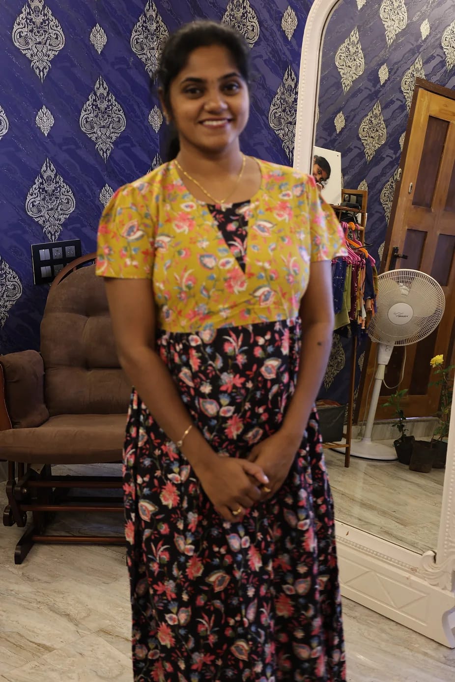 Cotton Stylish Nighty Black With Mustard Yellow Floral - Image 3