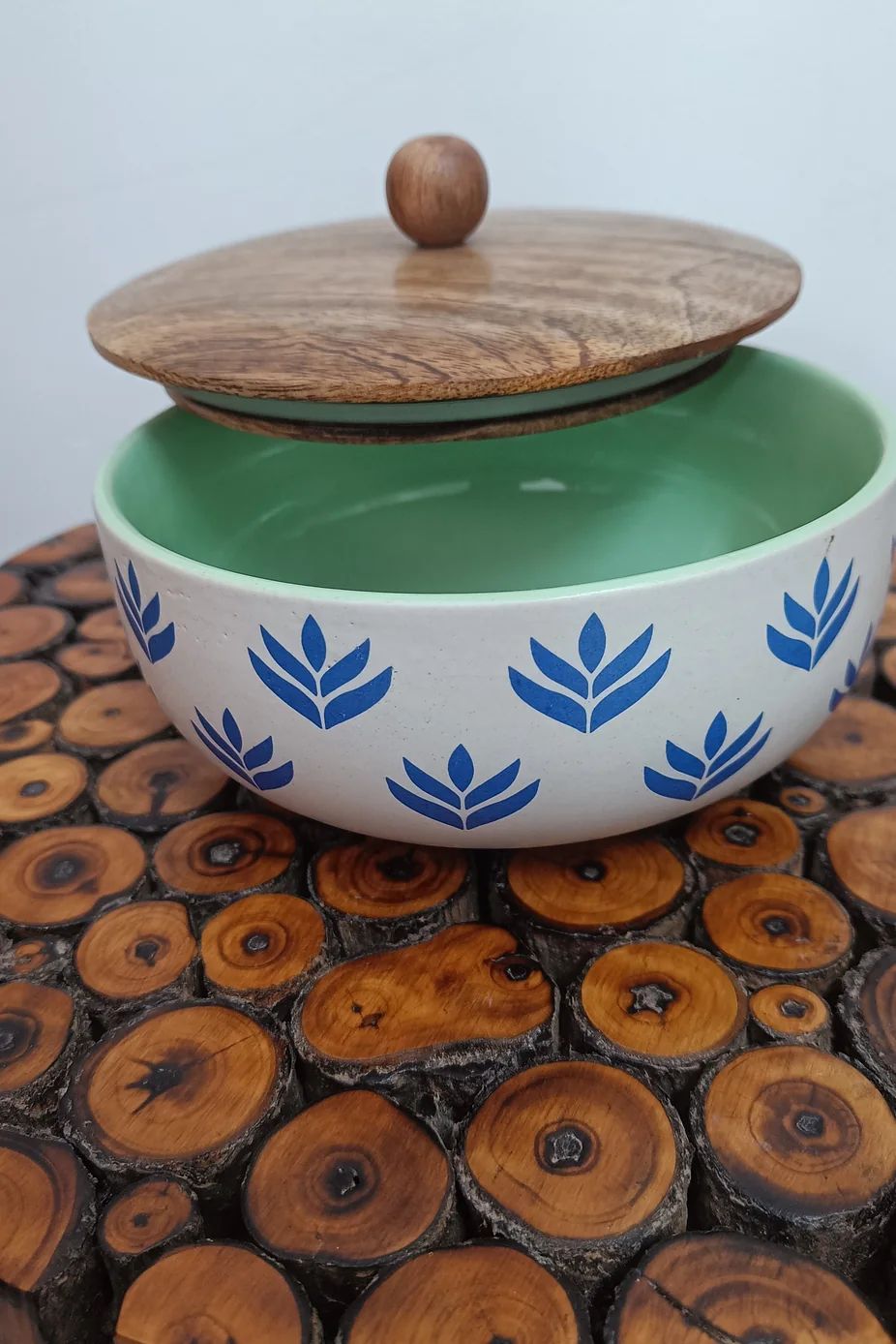 Blue Leaf Design HandPainted Ceramic Bowl - Image 2