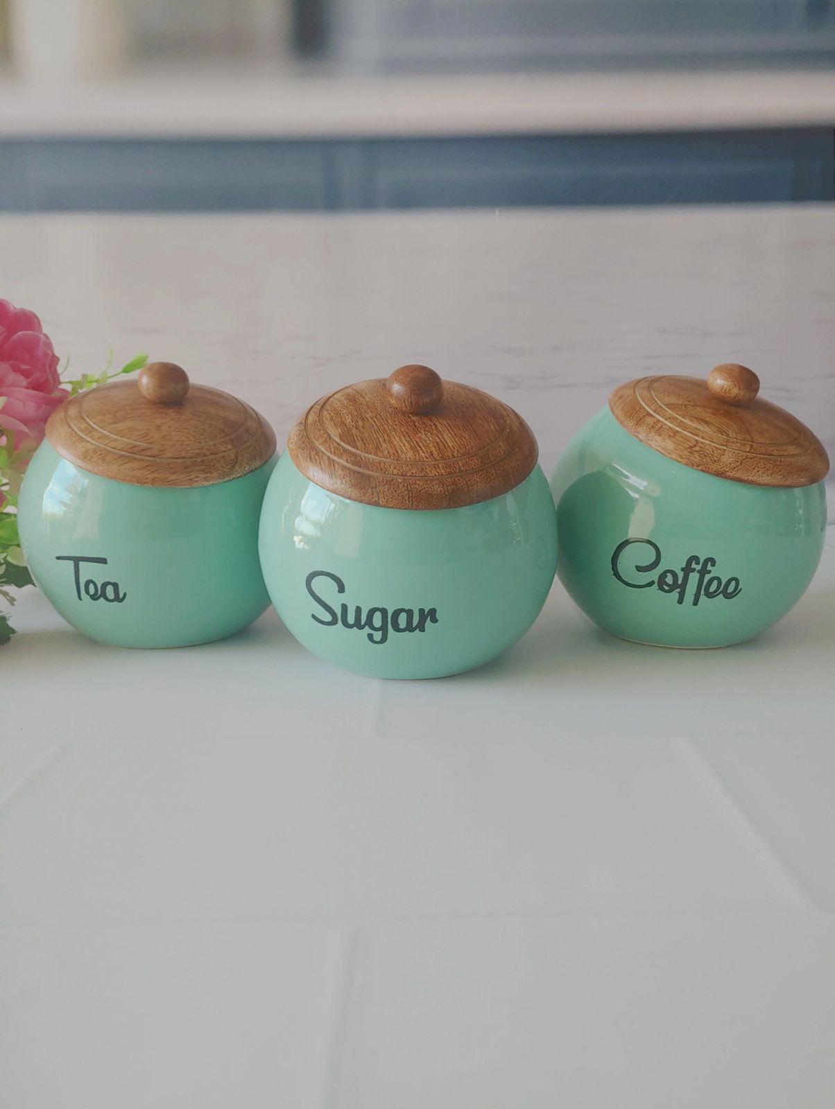 Blue Ceramic Tea Sugar And Coffee Canister With Tray - Image 2