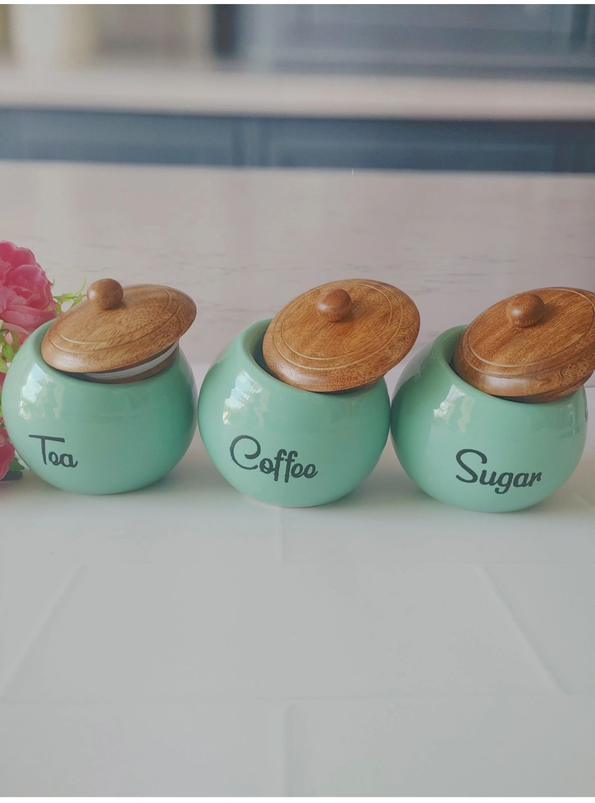 Blue Ceramic Tea Sugar And Coffee Canister With Tray - Image 4