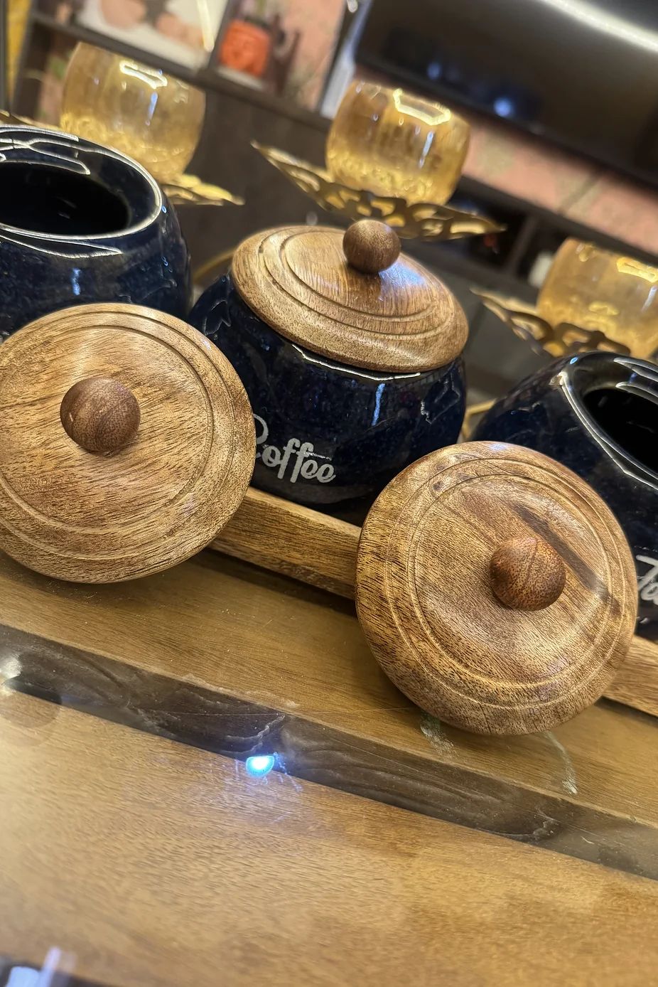 Dark Navy Ceramic Tea Sugar And Coffee Canister With Tray - Image 2