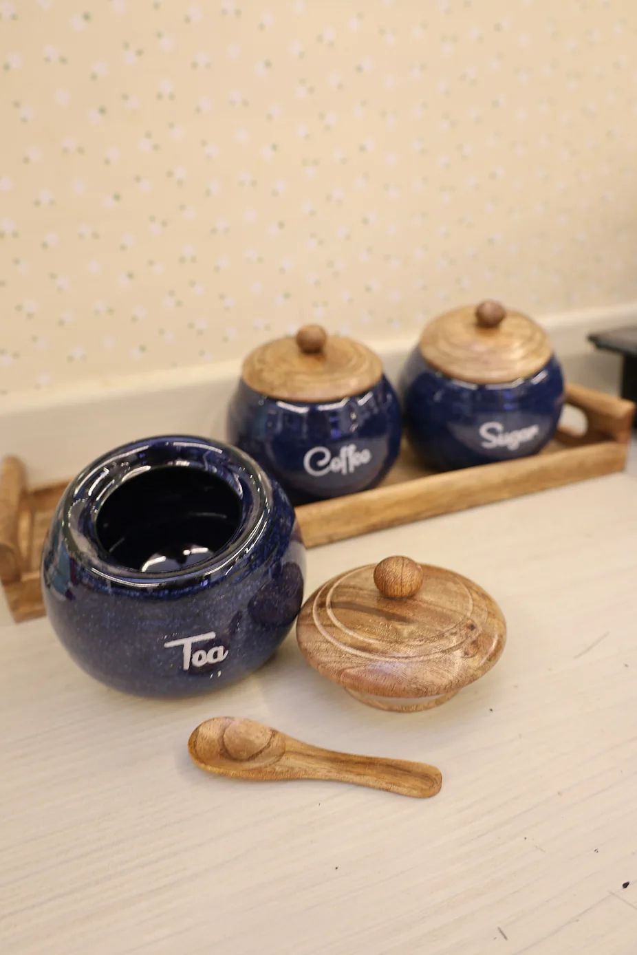 Dark Navy Ceramic Tea Sugar And Coffee Canister With Tray - Image 3