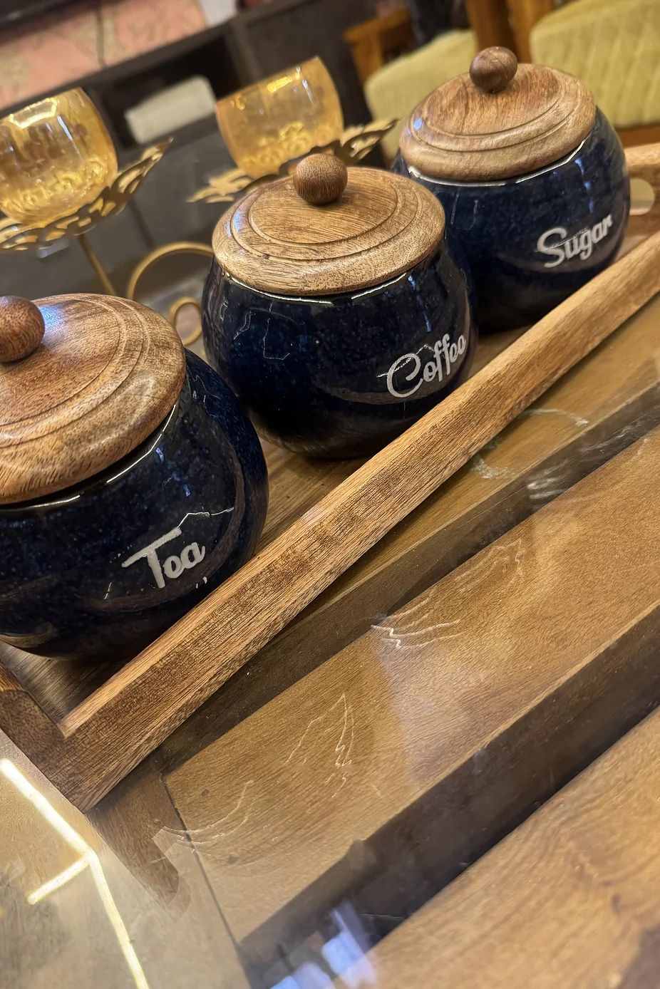 Dark Navy Ceramic Tea Sugar And Coffee Canister With Tray