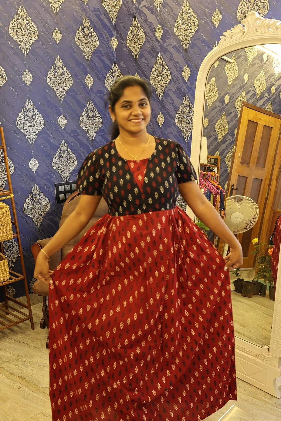 Cotton Stylish Nighty Deep Red With Black - Image 2