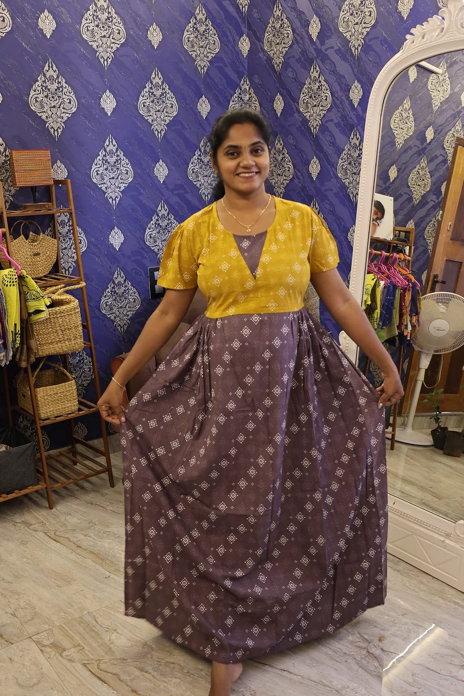 Cotton Stylish Nighty Grey With Mustard Yellow - Image 2