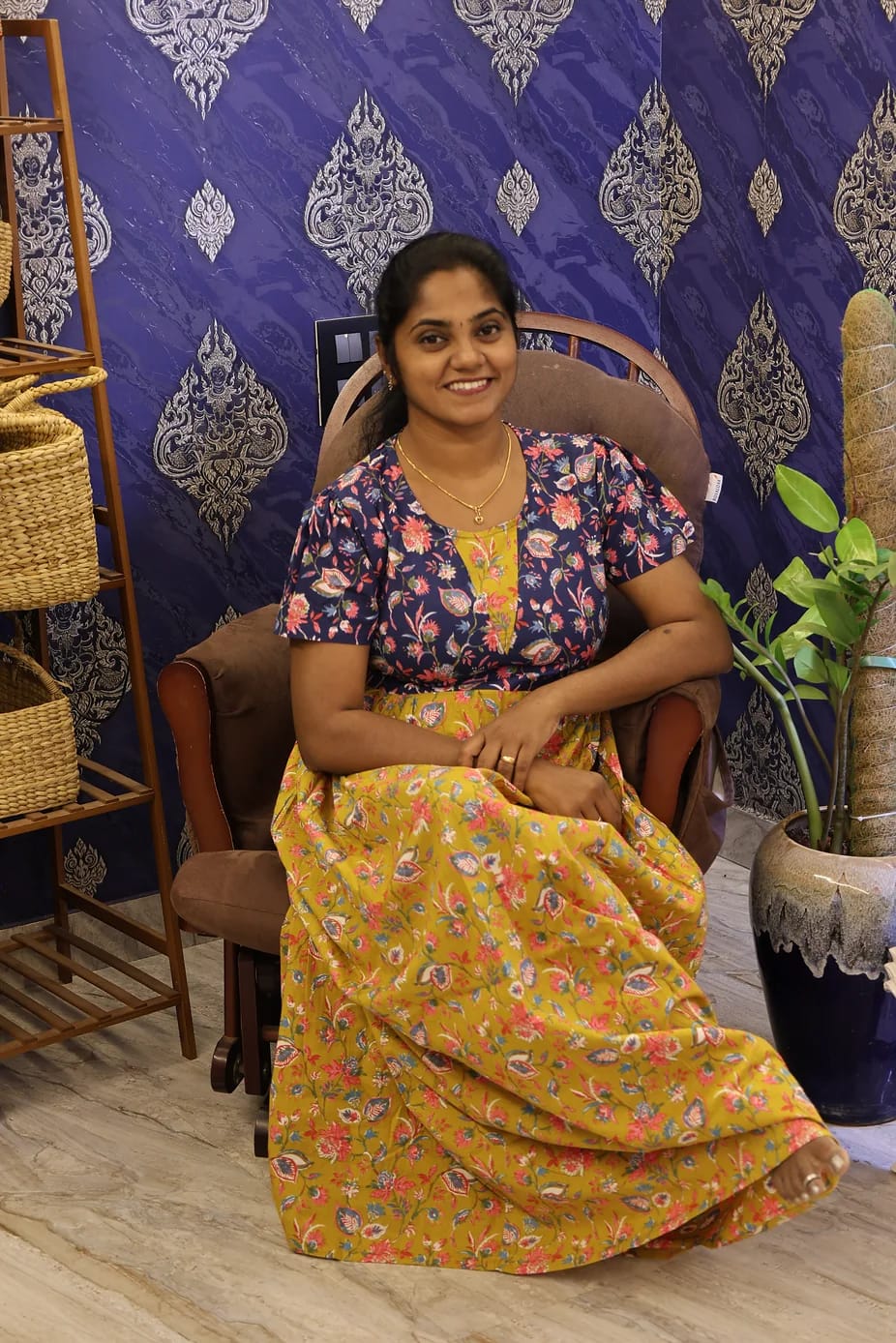 Cotton Stylish Nighty Mustard Yellow With Navy Floral