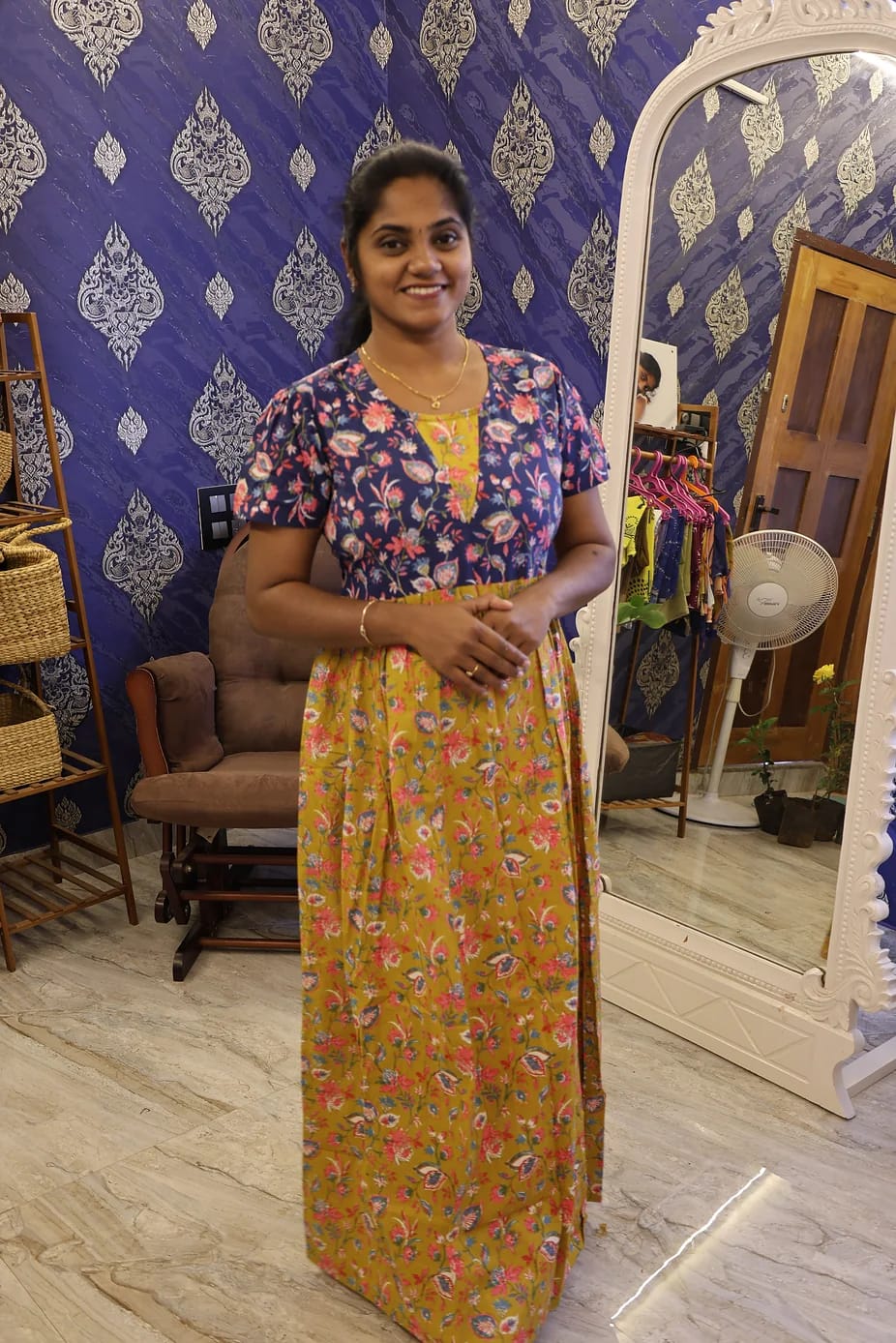 Cotton Stylish Nighty Mustard Yellow With Navy Floral - Image 3