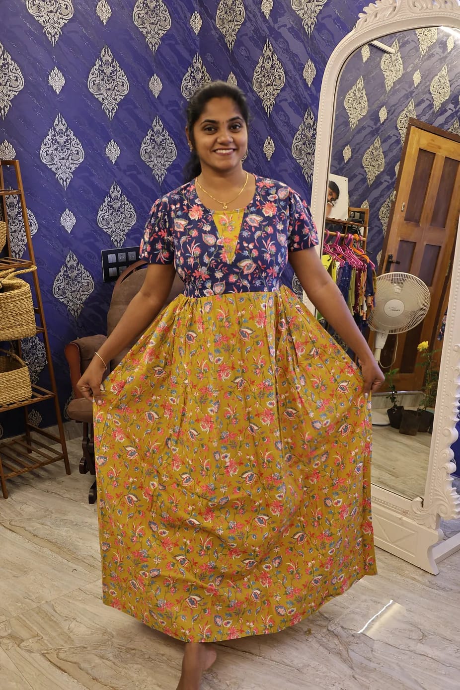 Cotton Stylish Nighty Mustard Yellow With Navy Floral - Image 2