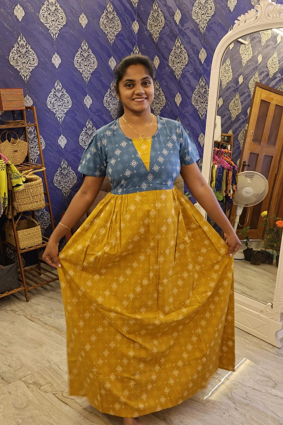 CottonStylish Nighty Mustard Yellow With Teal Blue - Image 2