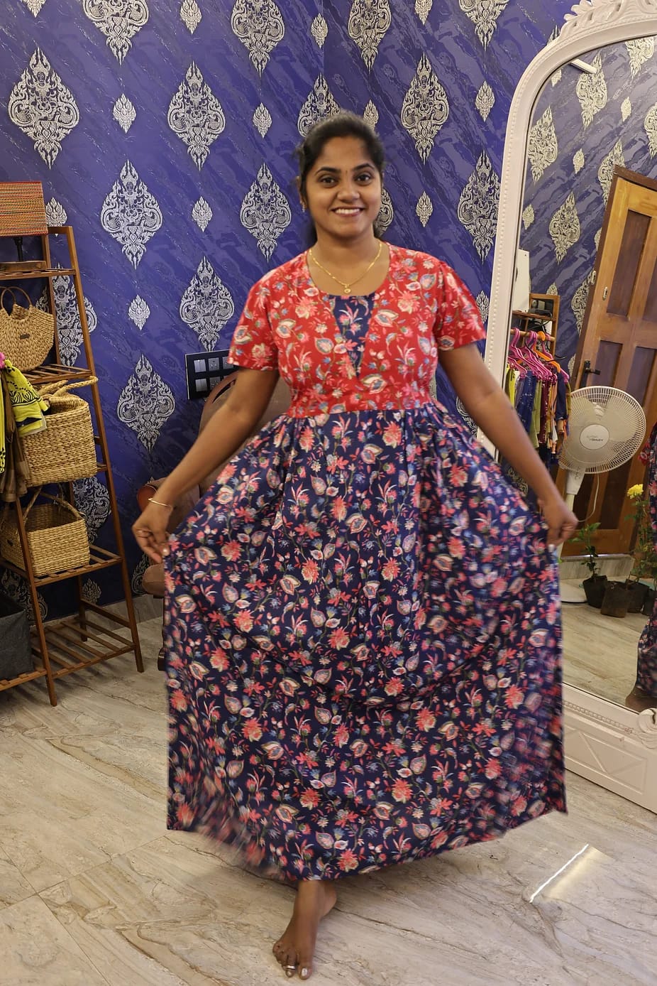 Cotton Stylish Nighty Navy Blue With Red Floral - Image 2