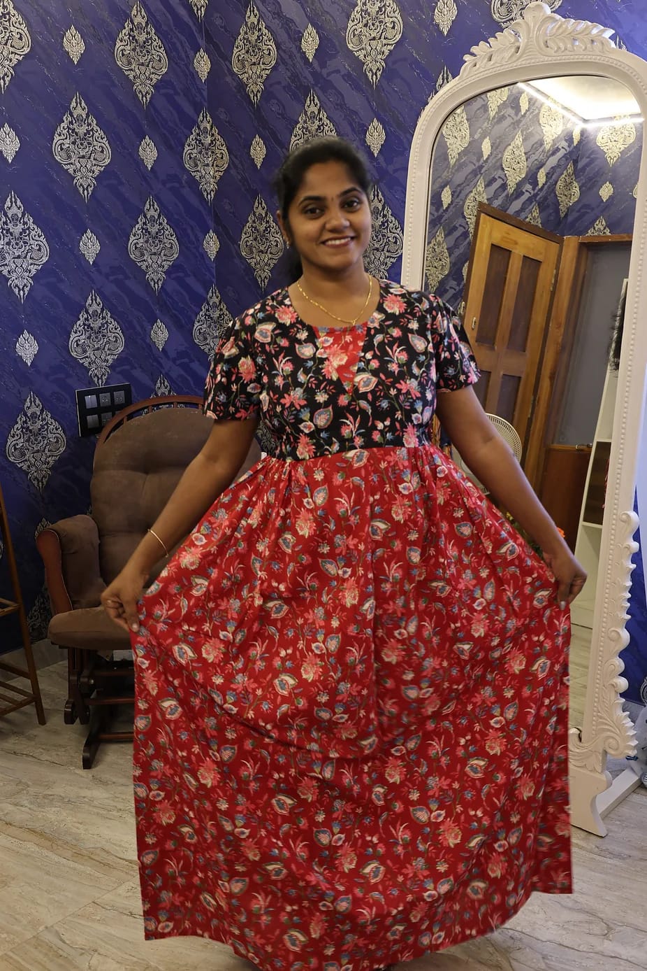 Cotton Stylish Nighty Red With Black Floral - Image 2