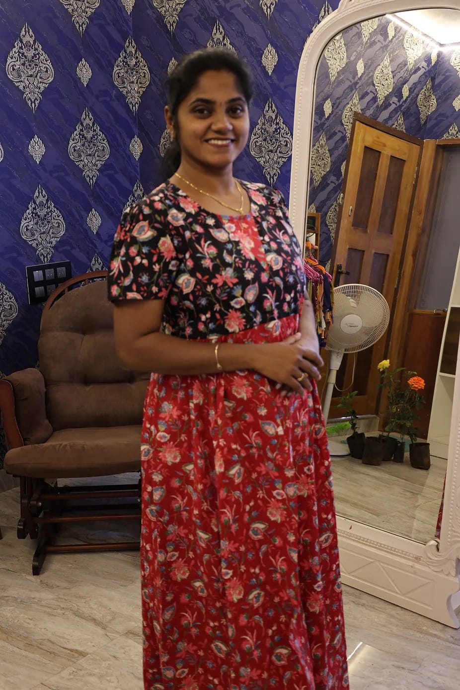 Cotton Stylish Nighty Red With Black Floral - Image 3
