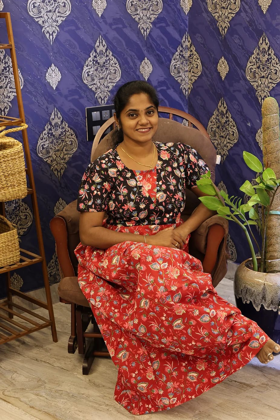 Cotton Stylish Nighty Red With Black Floral