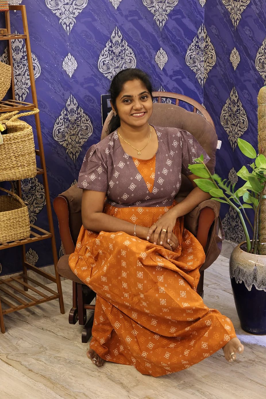 Cotton Stylish Nighty Rust Orange With Grey