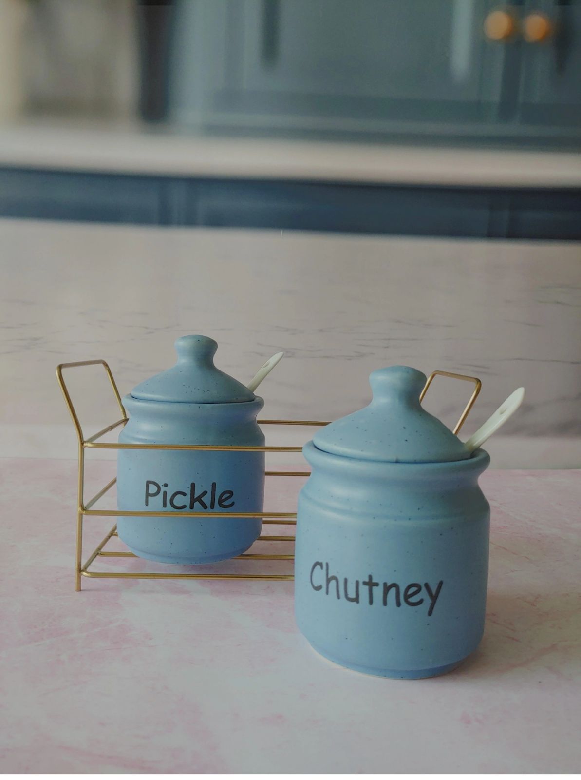 Sea Blue Ceramic Kichi Pickle And Chutney Jar - Image 2