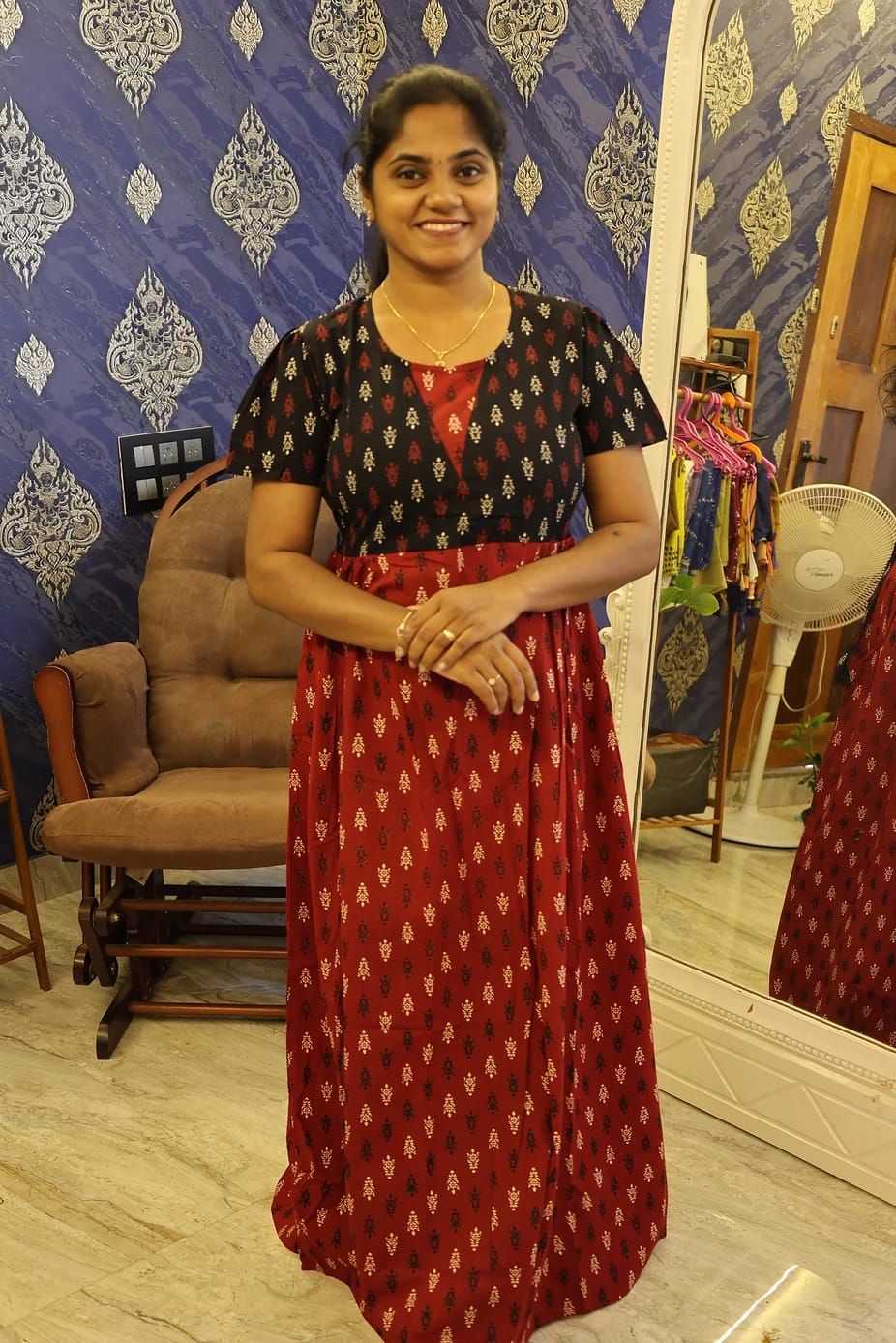 Cotton Stylish Nighty Deep Red With Black - Image 3