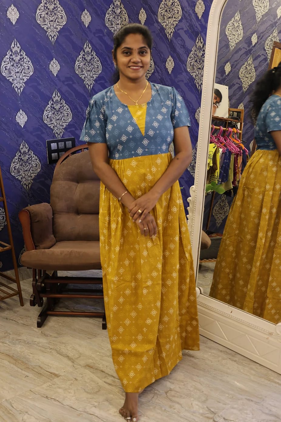 CottonStylish Nighty Mustard Yellow With Teal Blue - Image 3
