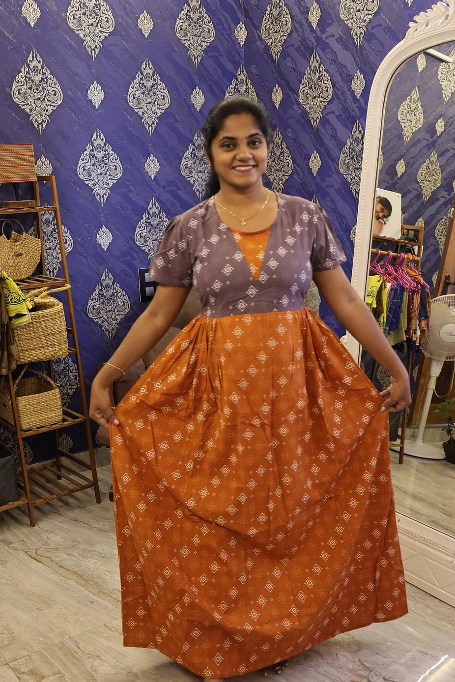 Cotton Stylish Nighty Rust Orange With Grey - Image 2